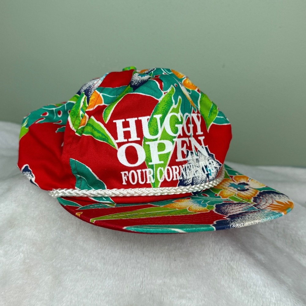 Vtg San Sun Huggy Open Four Corners Tap Rope Hat Snapback‎ Floral Red Tropical